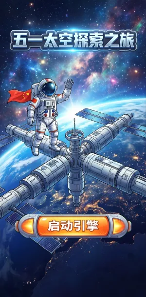 五一太空探索之旅宇航员挥旗致敬穿梭星
