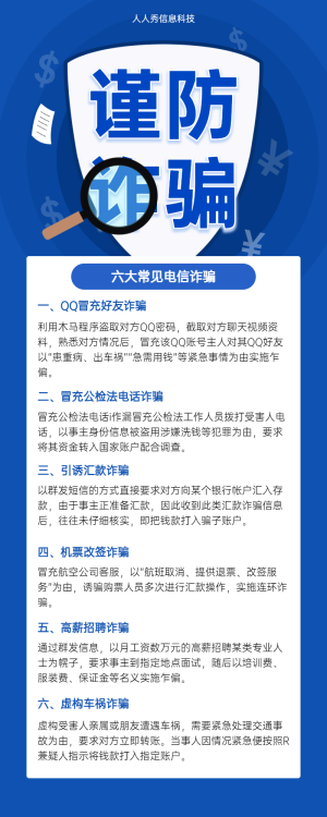 謹(jǐn)防詐騙 六大常見電信詐騙 反電信詐騙宣傳長海報