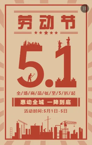 红色复古风劳动节商家促销活动模板