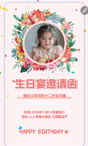 粉色生日宴会邀请函满月宴百日宴宝宝宴邀请函