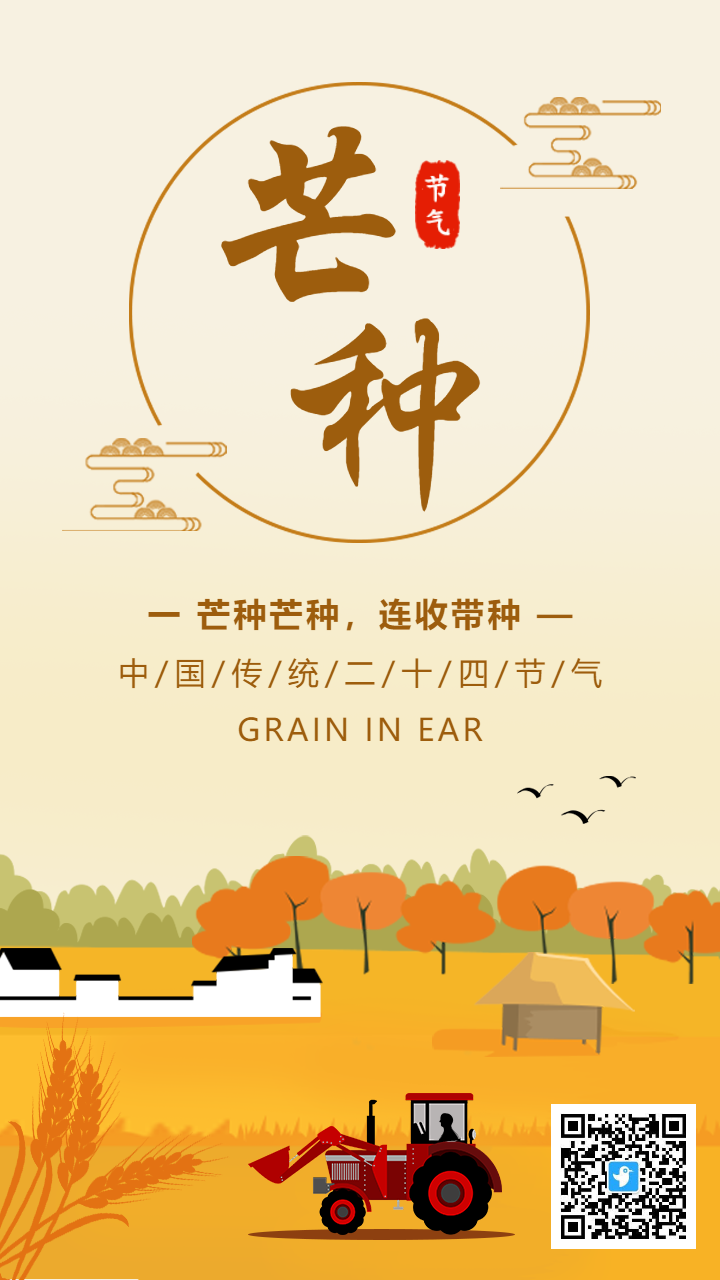 黄色插画二十四节气之芒种宣传海报