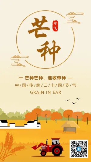 黄色插画二十四节气之芒种宣传海报