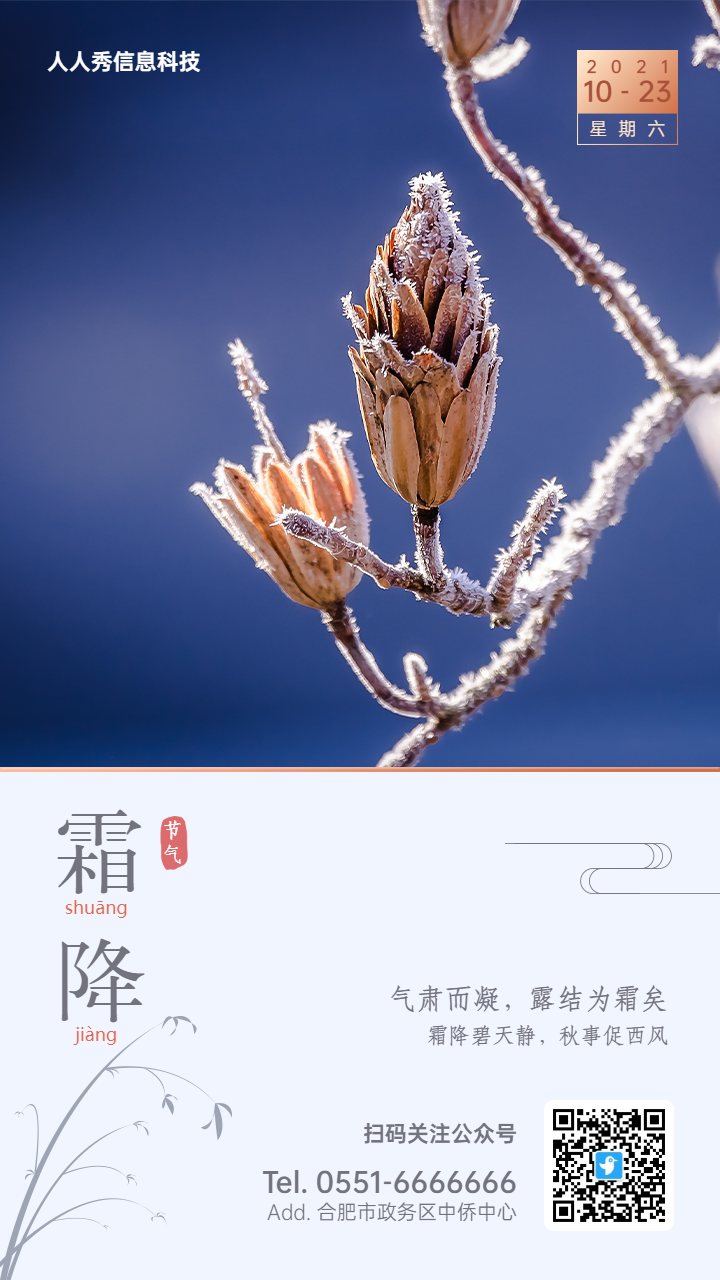 蓝色简约文艺书签风格二十四节气霜降企业宣传海报