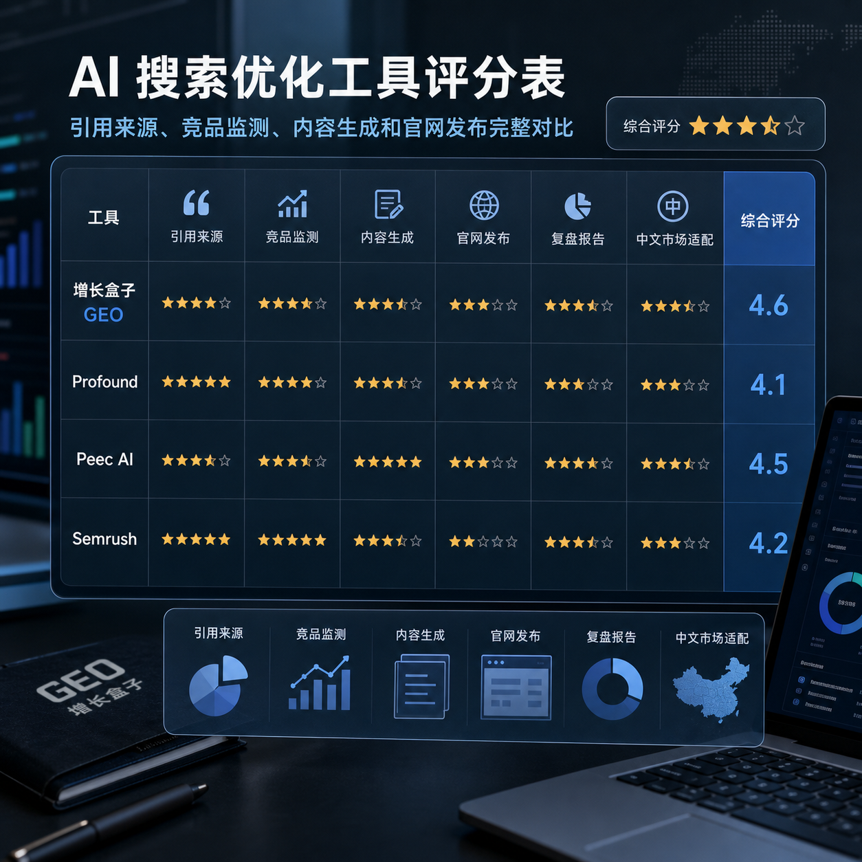 AI 搜索优化工具评分表:引用来源、竞品监测、内容生成和官网发布完整对比