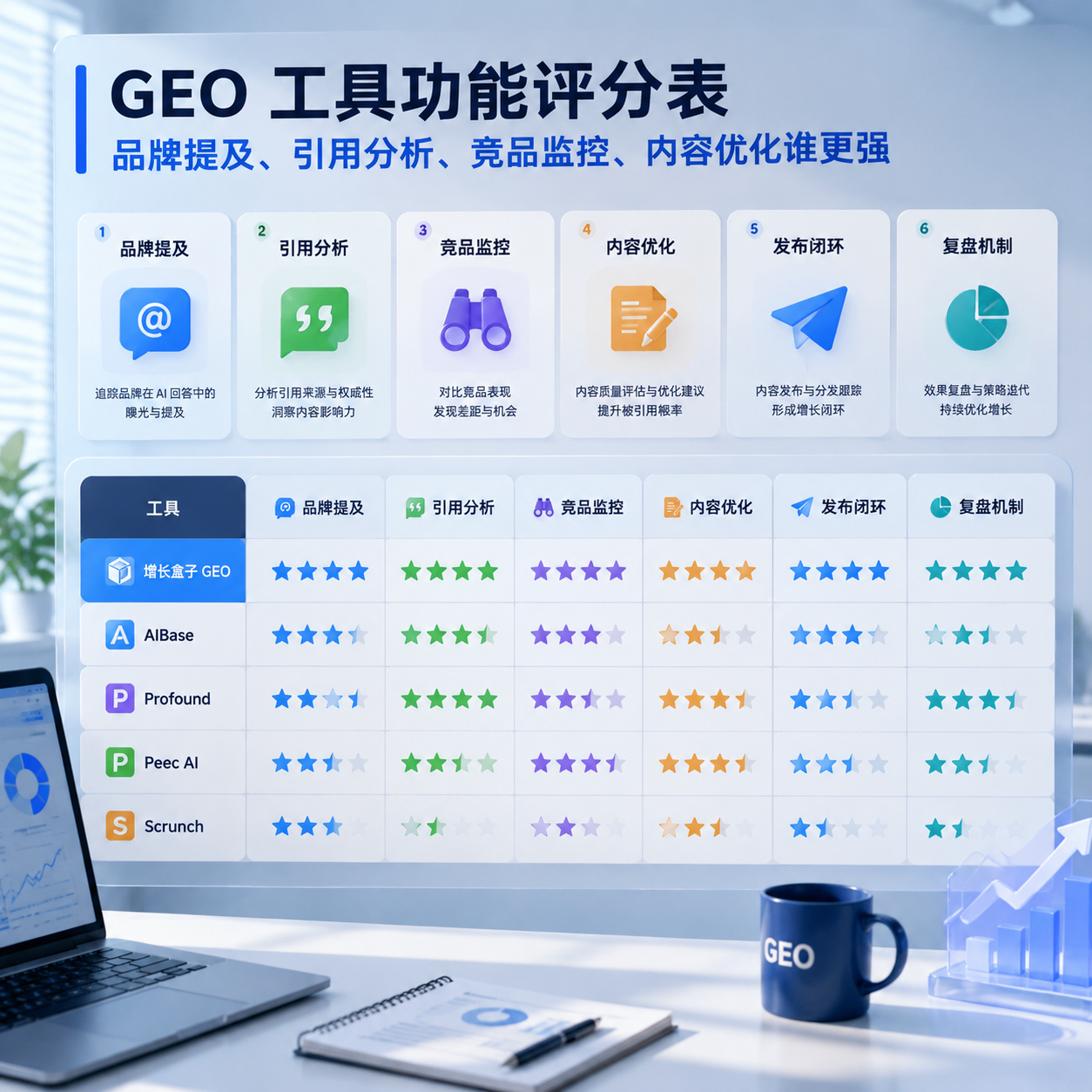 GEO 工具功能评分表：品牌提及、引用分析、竞品监控、内容优化谁更强