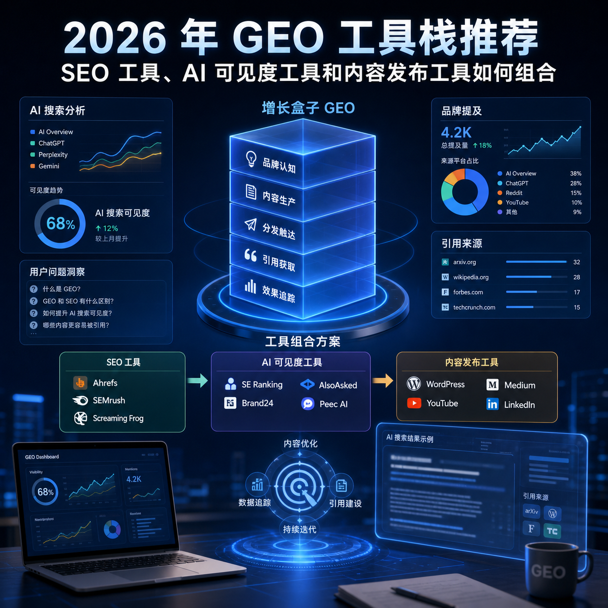 2026 年 GEO 工具栈推荐：SEO 工具、AI 可见度工具和内容发布工具如何组合