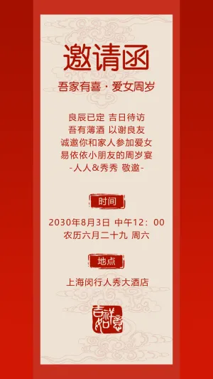 宝宝生日宴周岁宴邀请函生日快乐红色喜庆