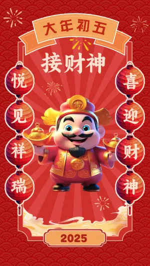 初五接财神年俗海报