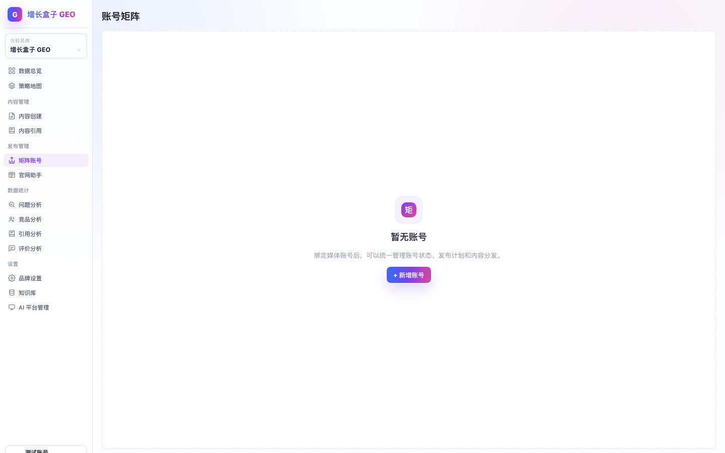 增长盒子 GEO 发布管理页面截图