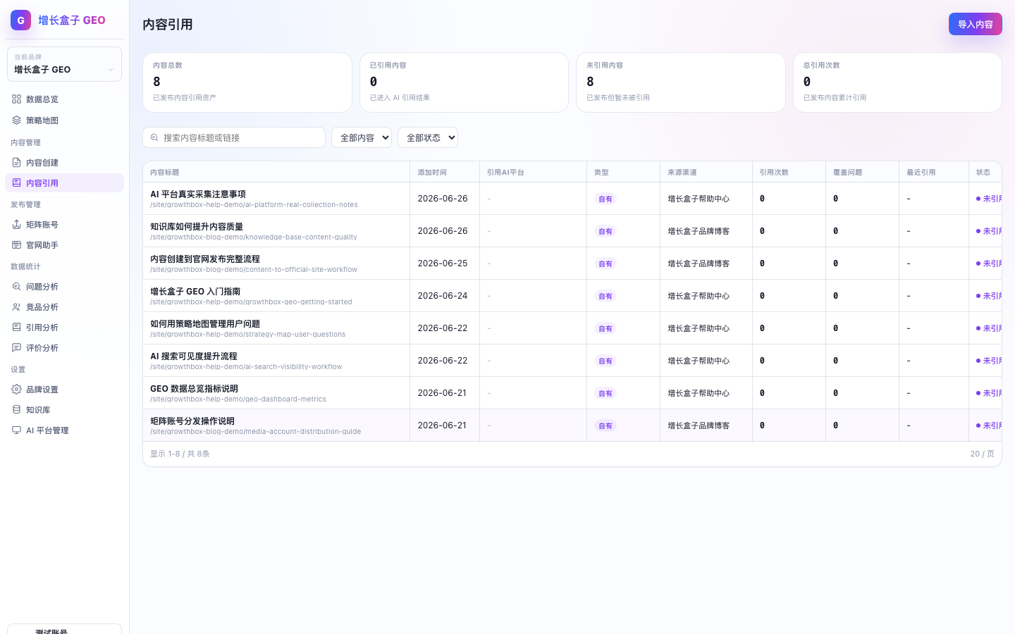 增长盒子 GEO 如何查看引用表现产品截图